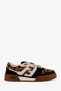 Fendi women’s low top sneaker in leopard print and black suede with cream accents in suede and pony skin materials