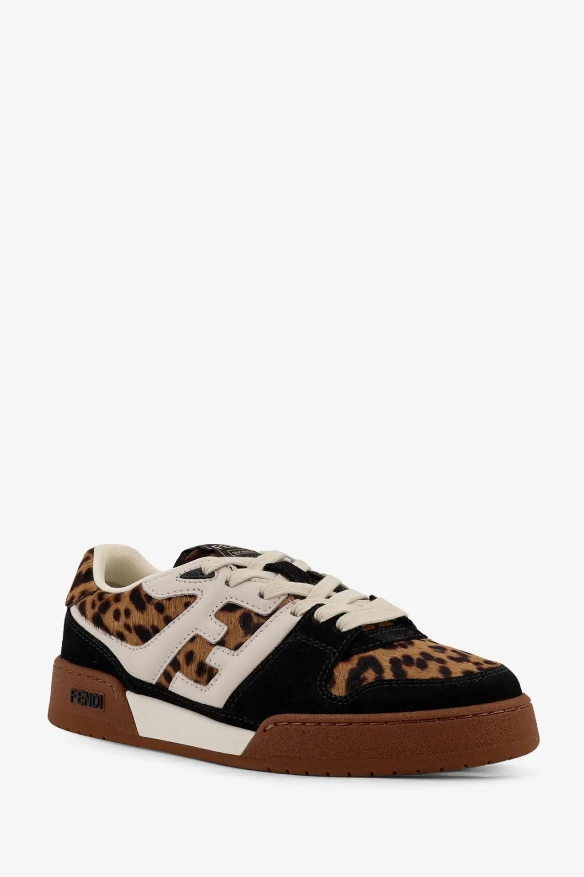 Fendi women’s Fendi Match leopard print low top sneaker with black suede white leather and brown rubber sole