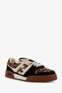 Fendi women’s Fendi Match leopard print low top sneaker with black suede white leather and brown rubber sole
