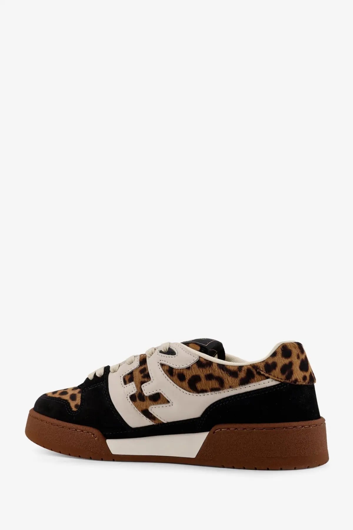 Fendi women’s black low top sneakers with leopard print suede and pony skin accents on toe heel and side panels