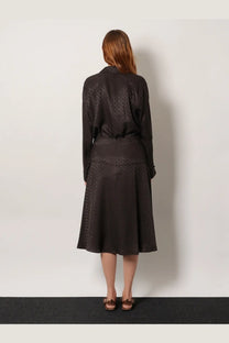 Fendi women’s midi silk skirt in brown with a subtle geometric pattern and flared design
