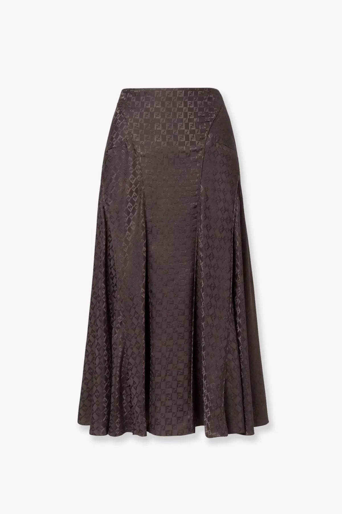 Fendi womens midi ff jacquard silk skirt in dark brown satin with a subtle geometric pattern and flared silhouette