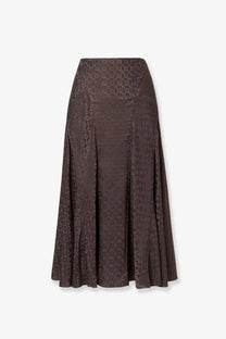 Fendi womens midi ff jacquard silk skirt in dark brown satin with a subtle geometric pattern and flared silhouette