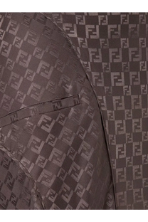 Brown Fendi jacket with repeating FF logo pattern paired with Fendi women’s midi FF jacquard silk skirt in brown