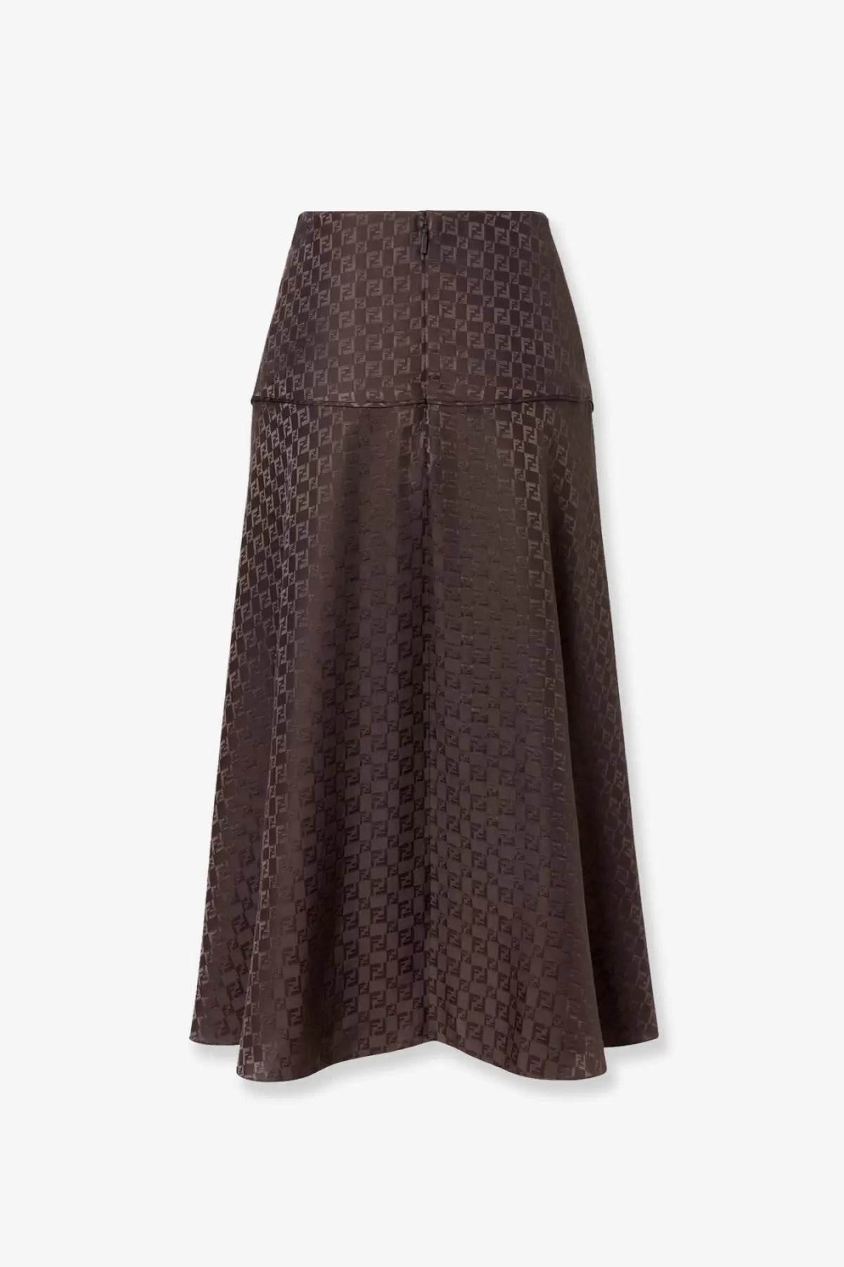 Fendi women’s brown midi silk skirt with a repeating darker monogram pattern in smooth jacquard fabric
