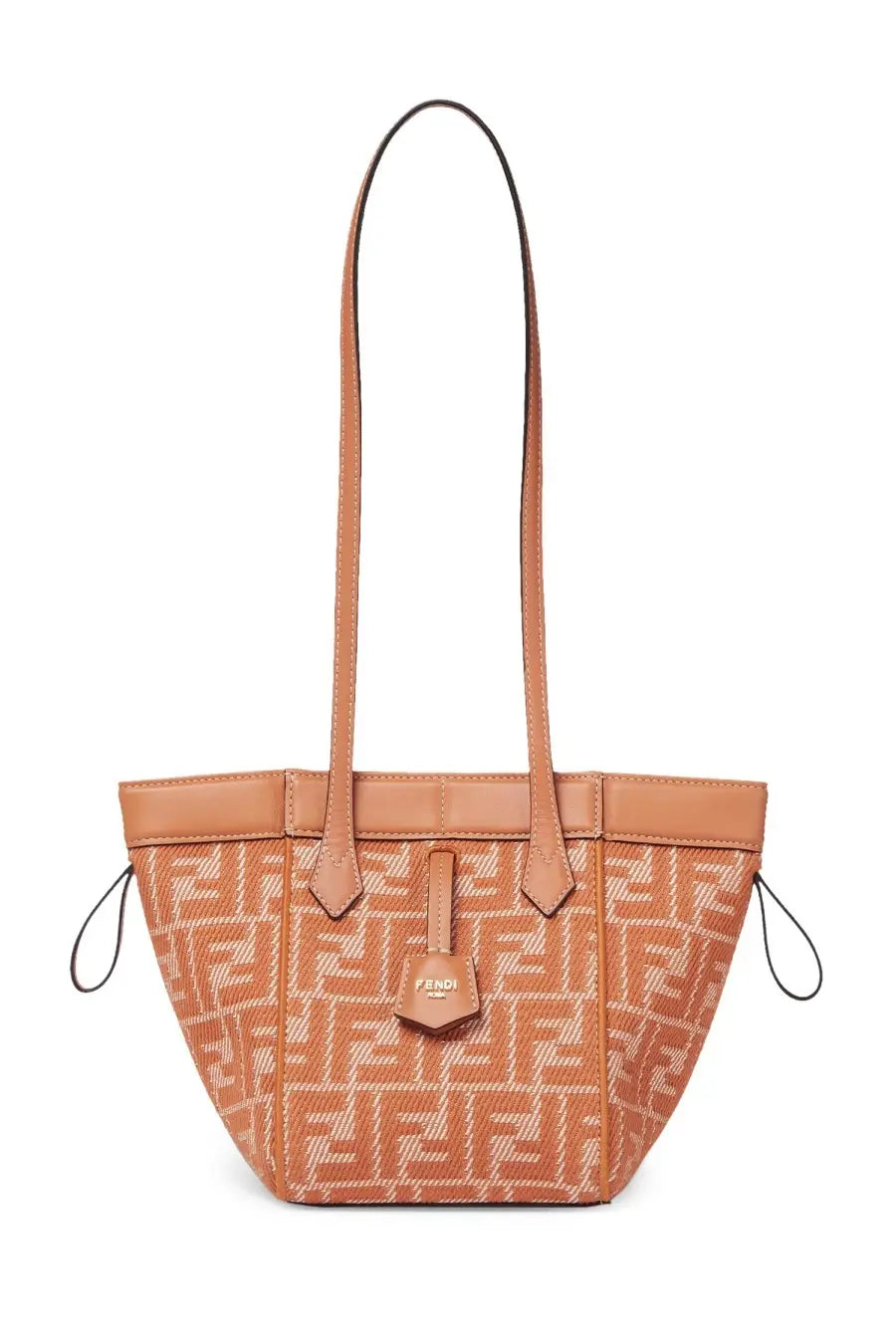 Fendi women’s mini origami tote bag in tan leather with woven ff pattern and leather handles in orange