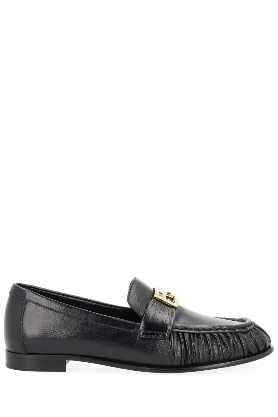 Fendi women’s black leather moccasin baguette loafer with gold-tone buckle and pleated detailing