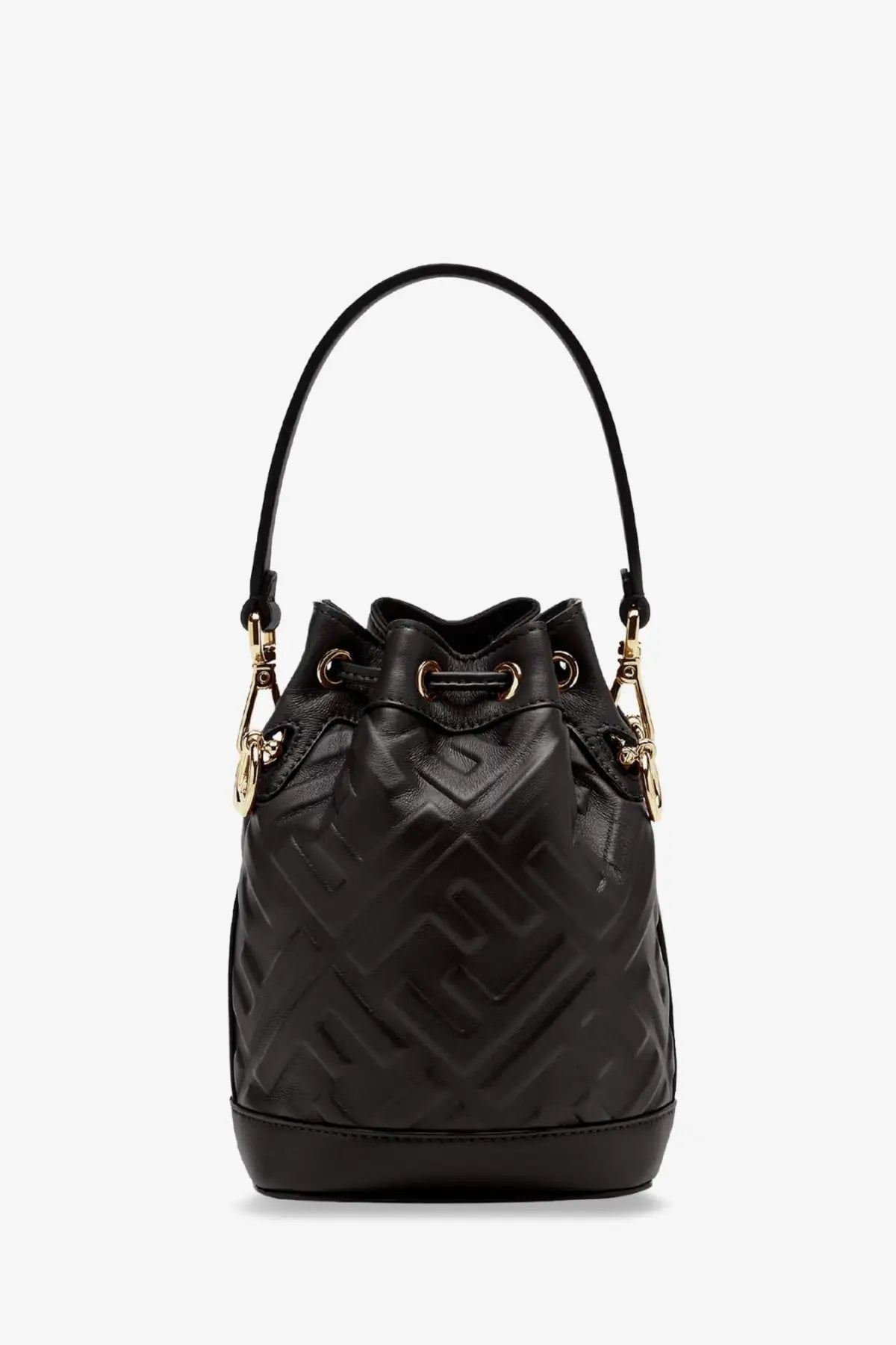 Fendi women’s mon tresor leather bucket bag in black with embossed logo pattern and gold-tone hardware