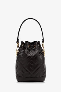 Fendi women’s mon tresor leather bucket bag in black with embossed logo pattern and gold-tone hardware