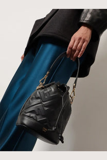 Fendi women’s mon tresor black leather mini bucket bag with quilted logo pattern and gold-tone hardware