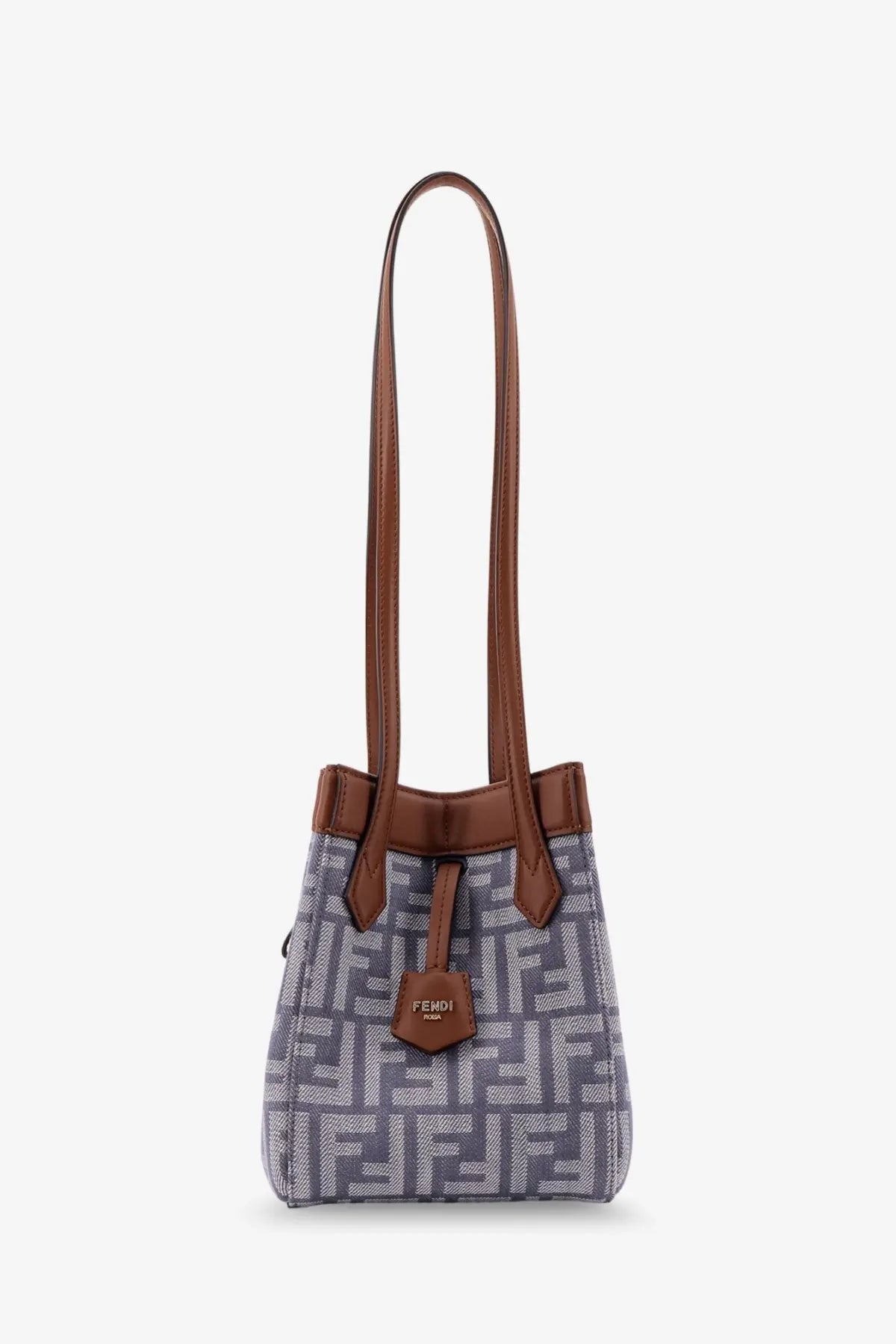 Fendi women’s origami mini ff jacquard fabric bucket bag in gray and white with brown leather handles and tag