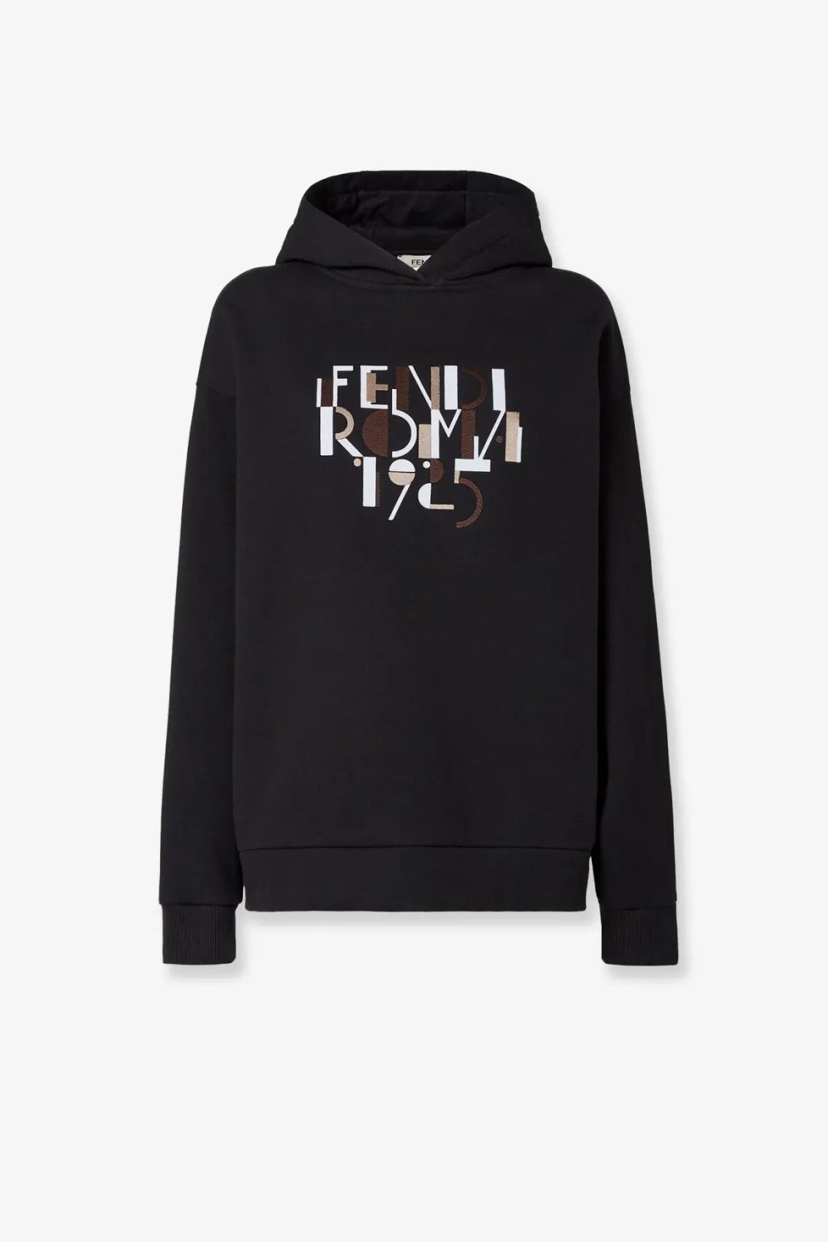Fendi women’s oversize black cotton hoodie with bold multi-toned fendi roma 1925 logo in white and beige
