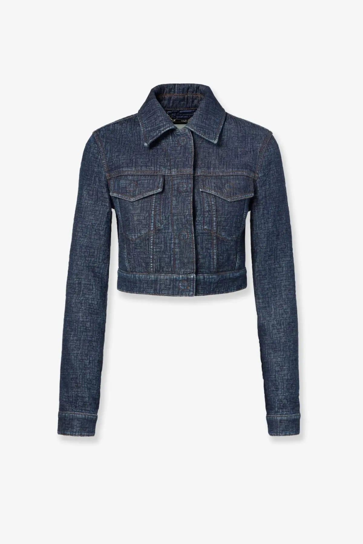 Fendi women’s blue padded denim jacket featuring a dark blue cropped design with a classic collar and two front pockets