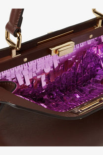 Fendi women’s peekaboo iseeu medium leather handbag in mogano brown with iridescent purple sequin interior lining
