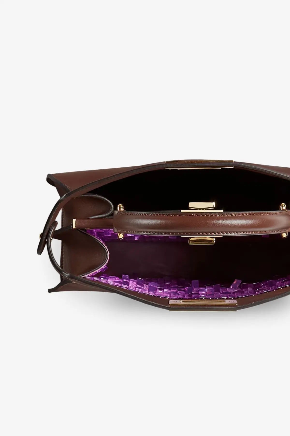Fendi women’s peekaboo iseeu medium brown leather handbag with vibrant purple anemone interior lining