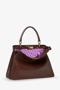 Fendi women’s peekaboo isseeu medium leather handbag mogano with vibrant purple sequined interior and gold hardware