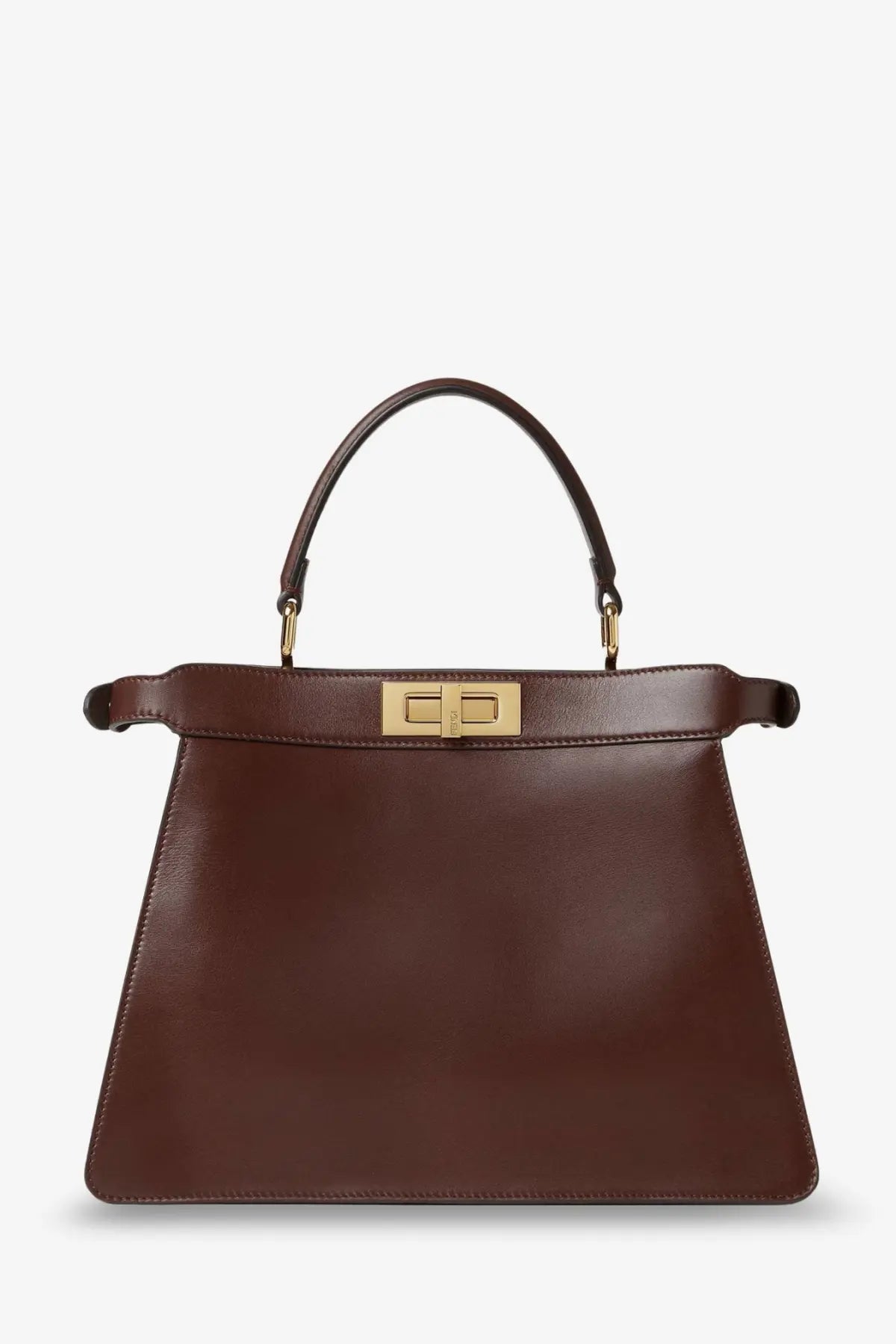 Fendi women’s peekaboo iseeu medium brown leather handbag with gold-tone hardware and top handle in mogano color