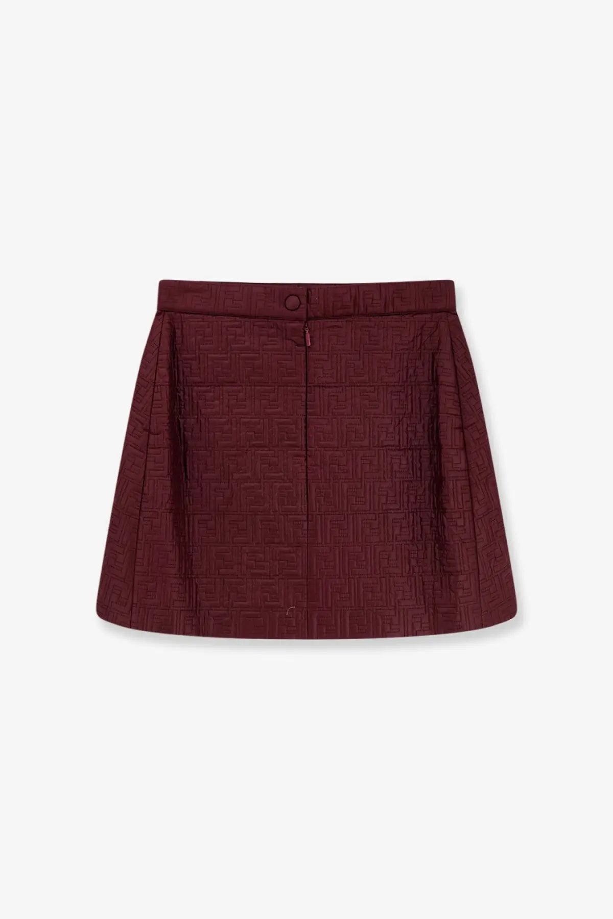 A burgundy Fendi women’s mini skirt in textured fabric featuring a repeating FF logo pattern