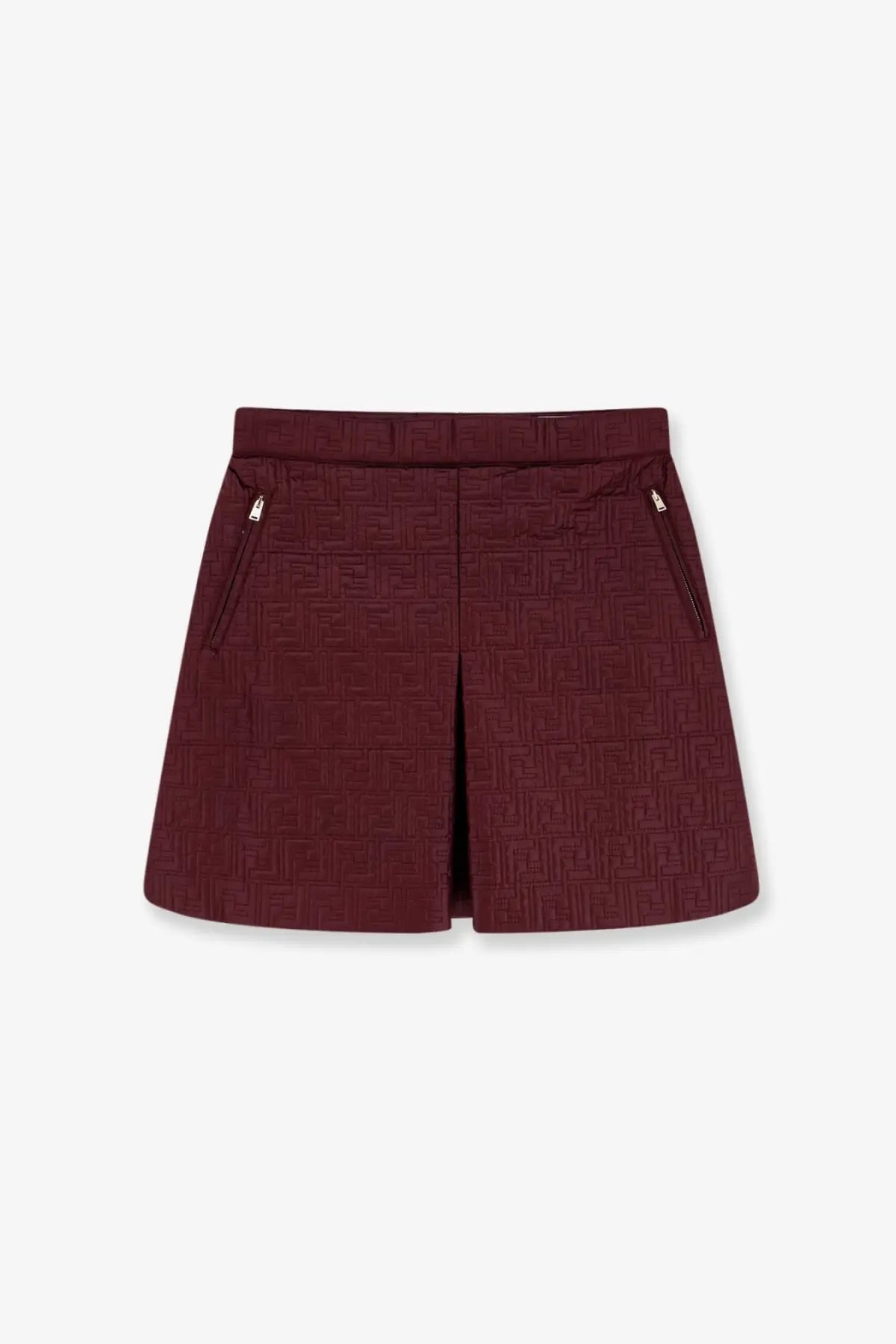 Burgundy Fendi shorts with textured geometric pattern and side zippers in quilted nylon mini skirt style