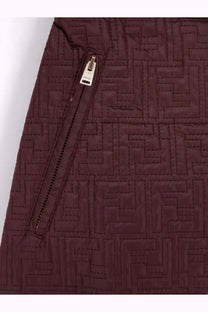 A maroon quilted Fendi jacket with a repeating monogram pattern and silver-toned zipper pull