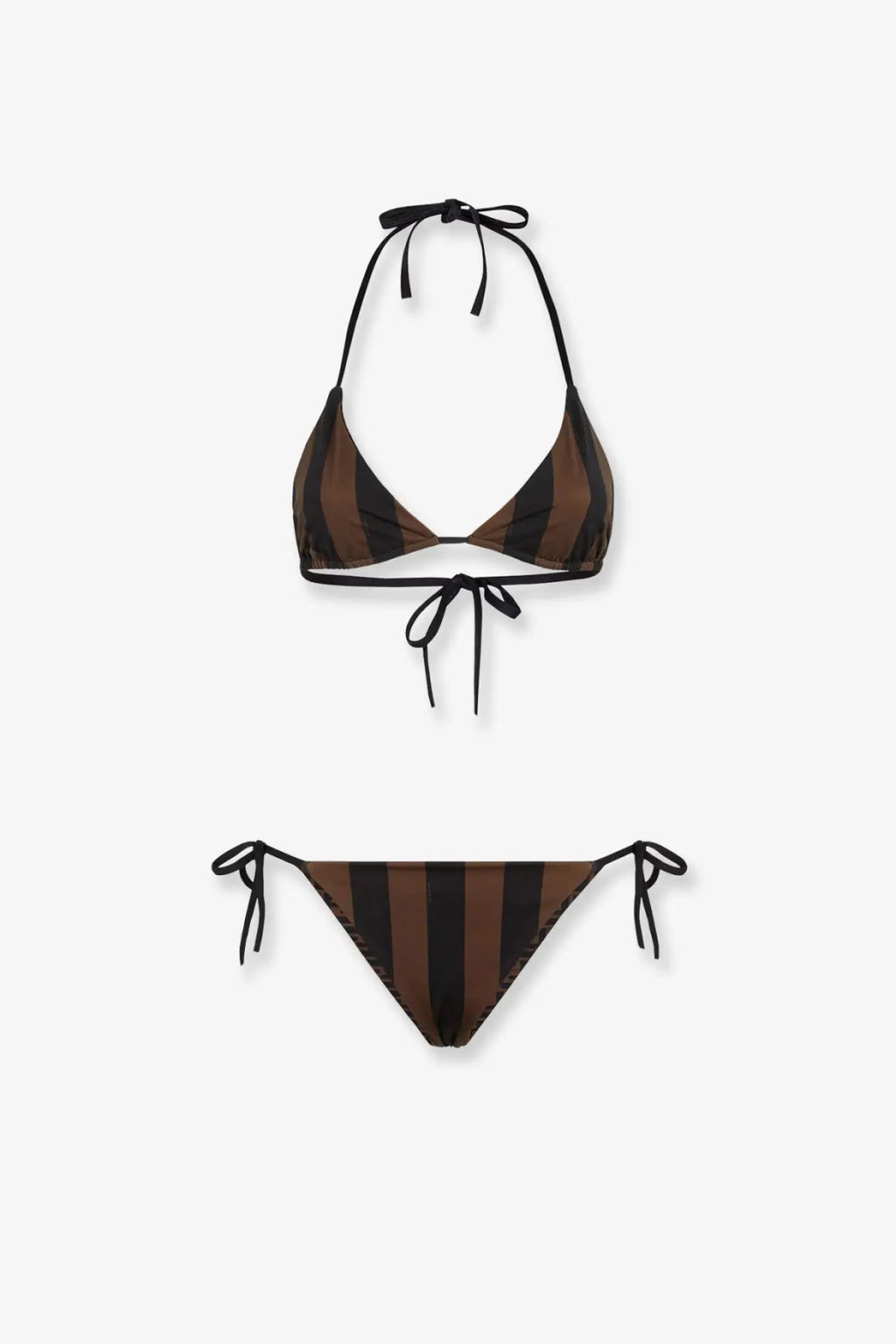 A stylish Fendi women’s reversible bikini set with bold brown and black vertical stripes and adjustable tie-side straps