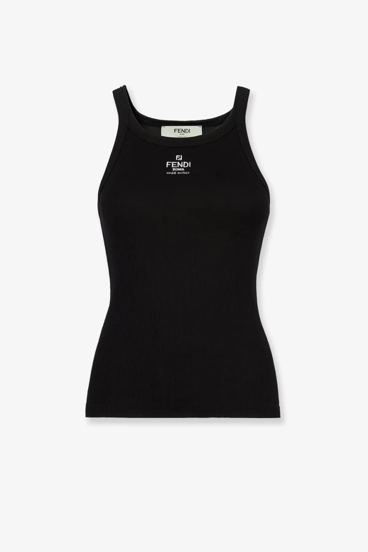 Fendi women’s black ribbed cotton tank top with white logo and made in Italy text on front
