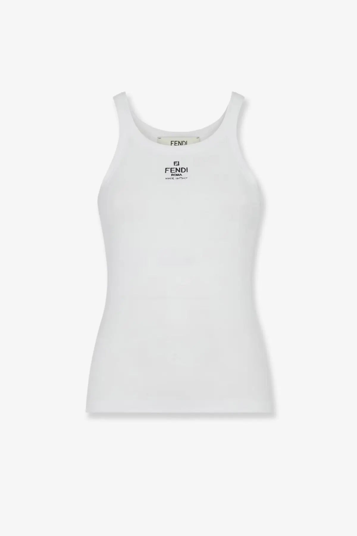 White fendi women’s ribbed cotton tank top with minimalist black logo detailing on front