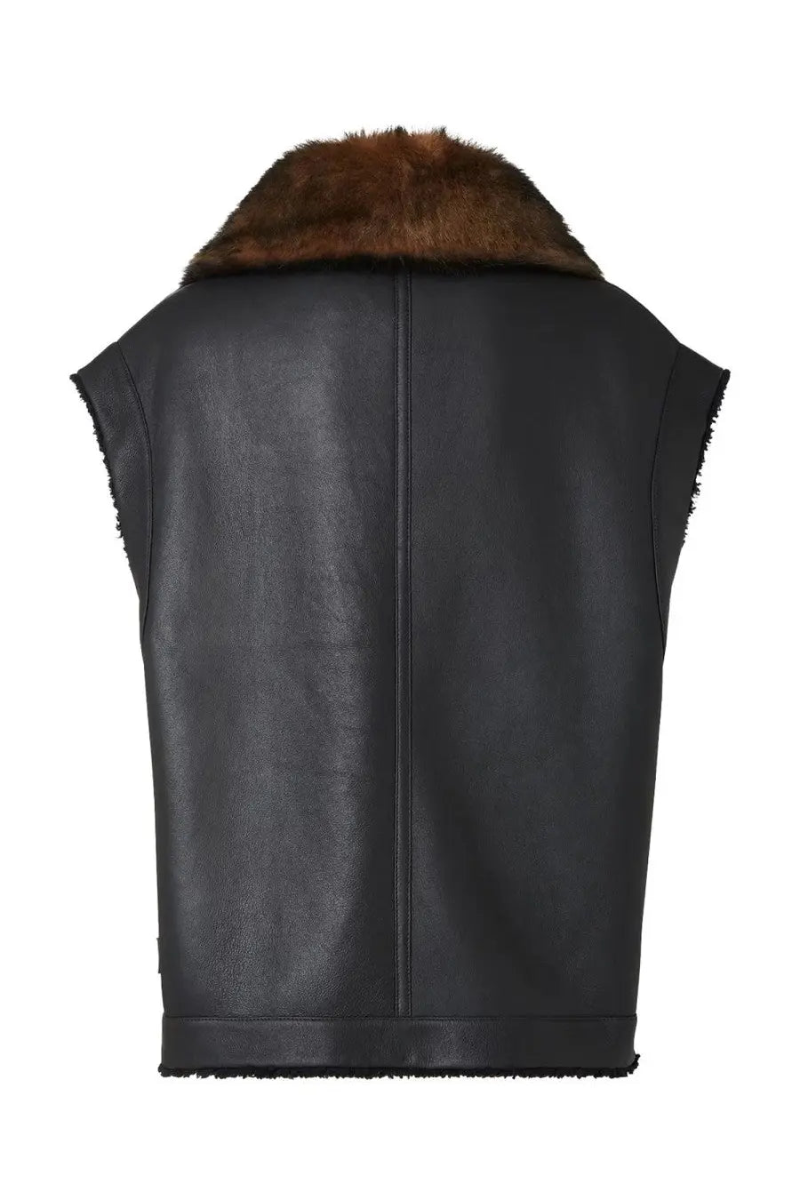 Fendi women’s black leather sheepskin vest with brown fur collar and frayed edges for stylish layering