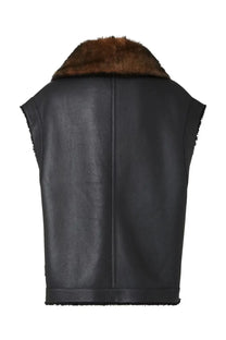 Fendi women’s black leather sheepskin vest with brown fur collar and frayed edges for stylish layering