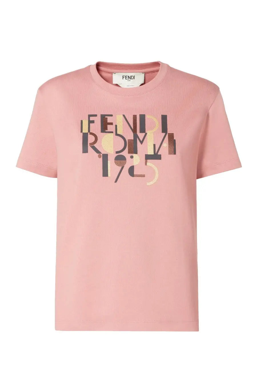 Fendi women’s blue shirt featuring a pink cotton t-shirt with a bold multi-colored fendi roma 1925 graphic print