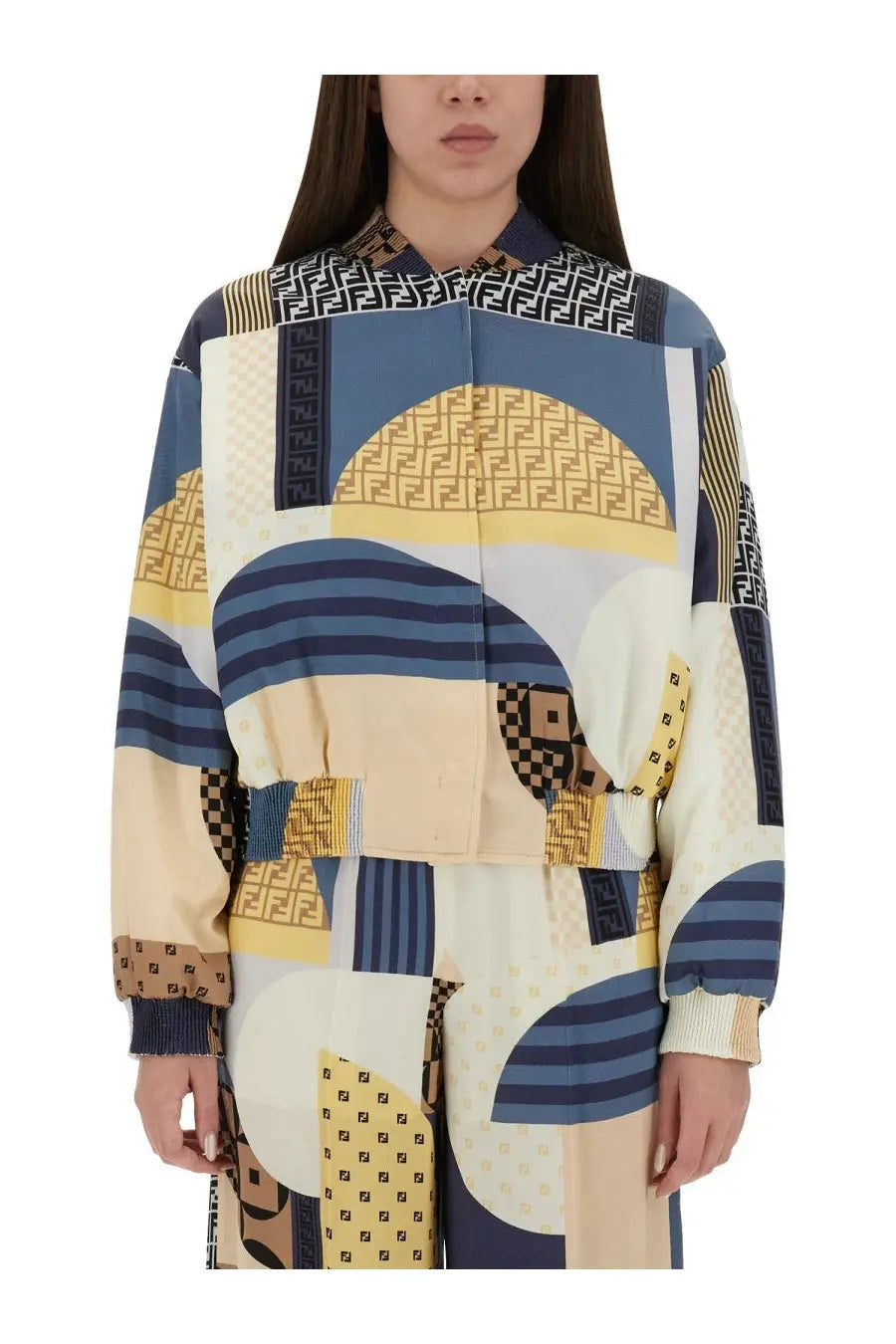 Fendi women’s silk bomber jacket in blue with bold navy beige and gold geometric ff logo pattern
