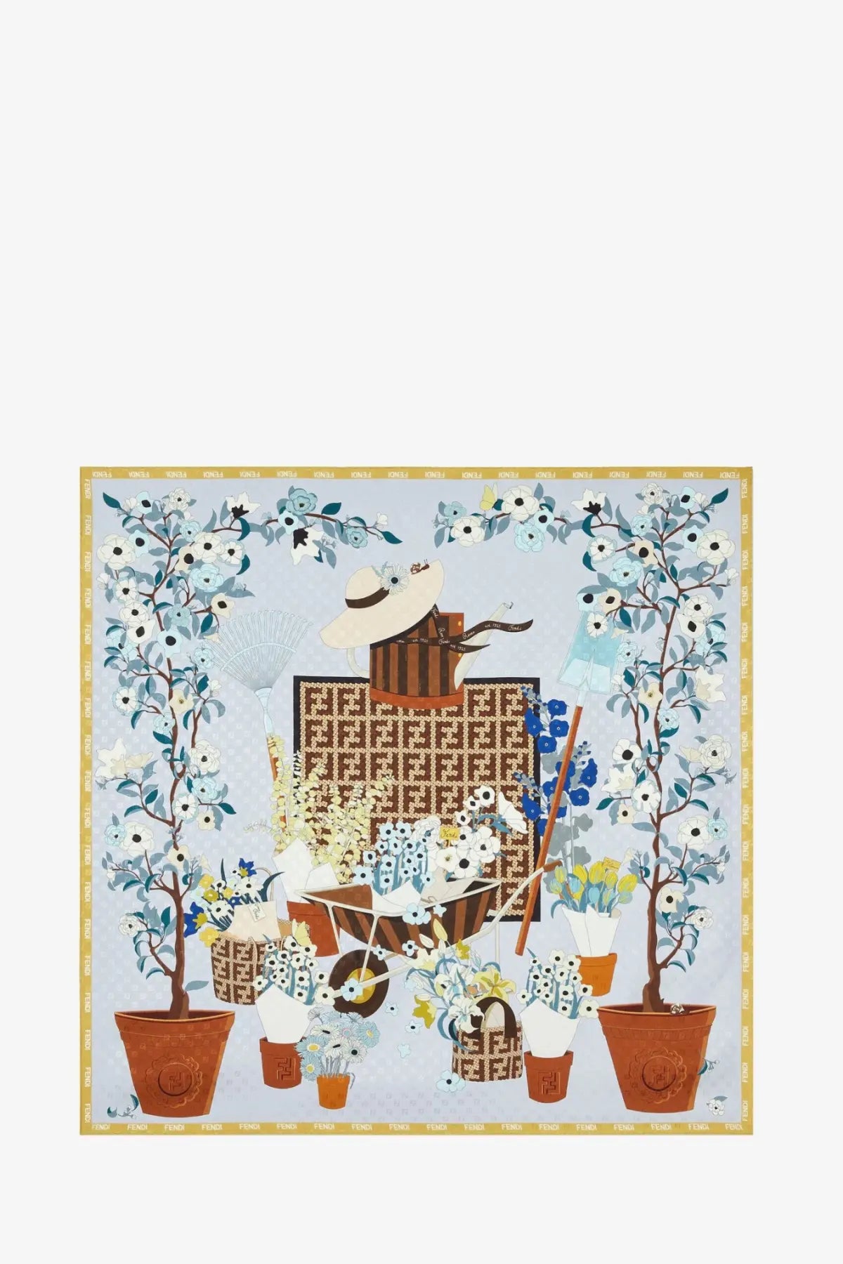 Fendi women’s blue silk scarf with whimsical garden scene floral motifs patterned luggage and terracotta potted plants