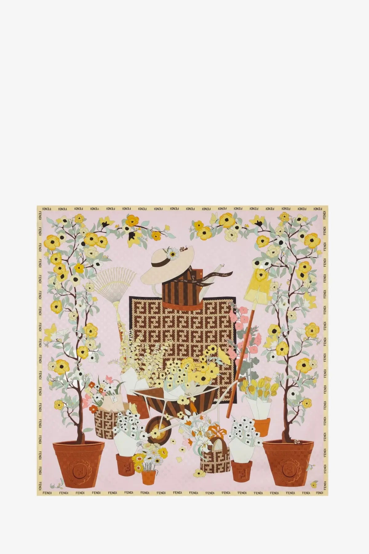 Fendi women’s pink silk scarf featuring a whimsical garden scene with yellow flowers and branded accessories