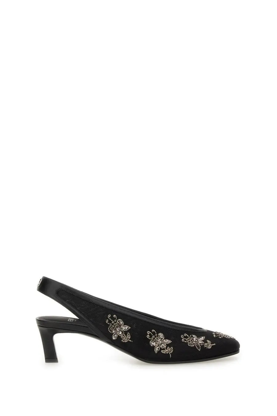 Fendi women’s black suede slingback pump with delicate silver floral embroidery along the toe
