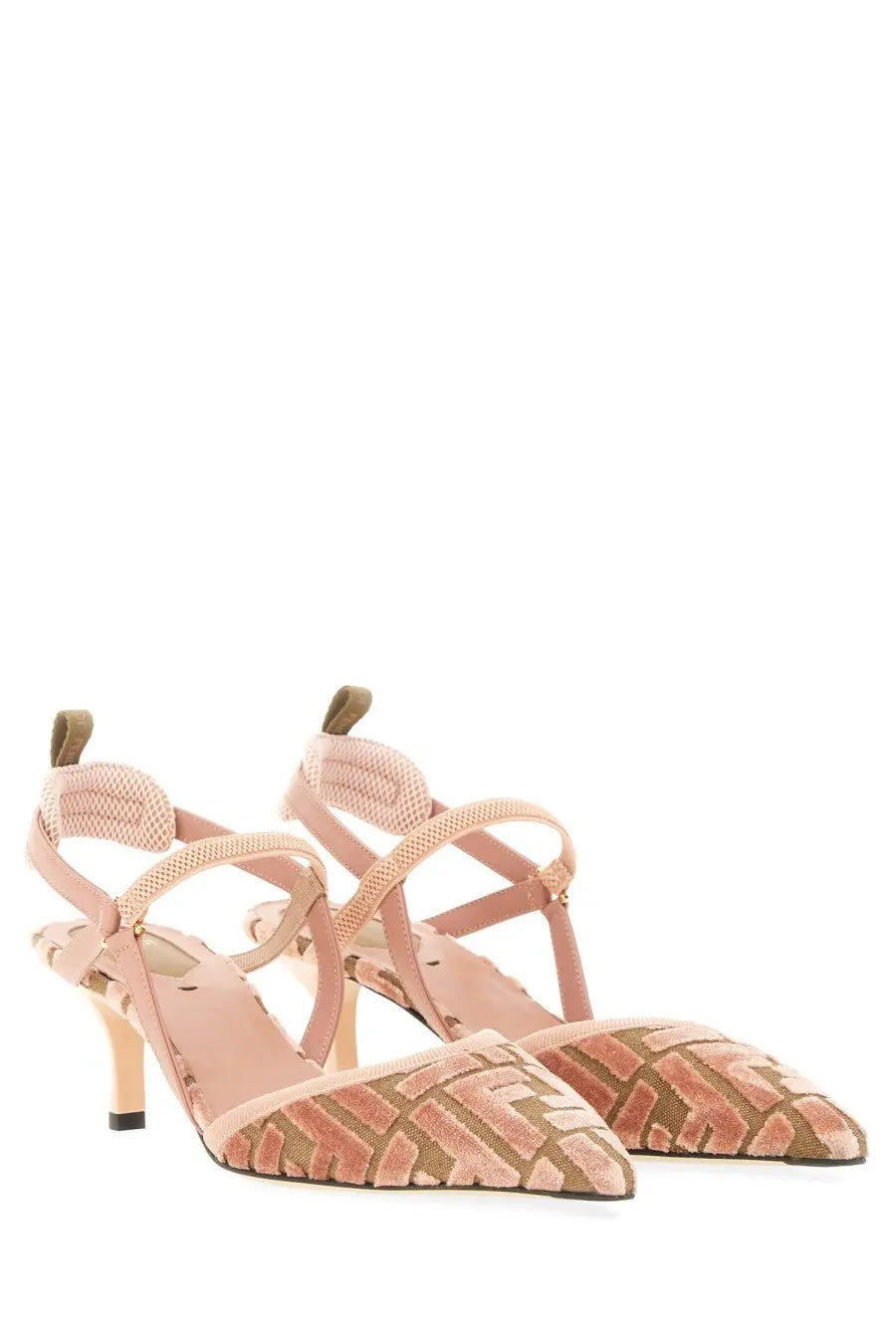 Fendi women’s slingback velvet pumps in pink and brown with logo print pointed toe and slender heel