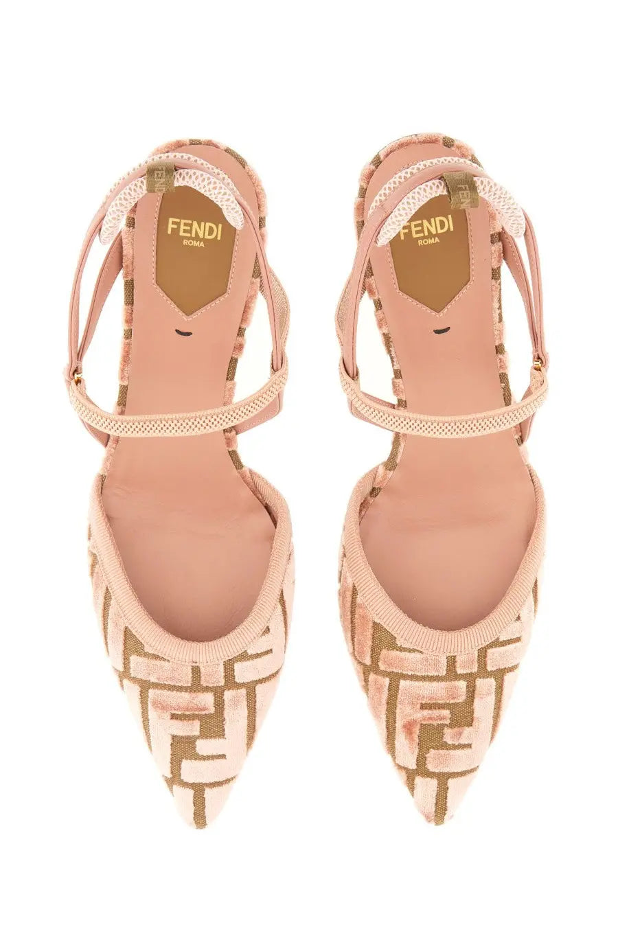 Fendi women’s slingback shoe hummingbird lite blue with pink pointed-toe heels gold ff logo mesh detailing