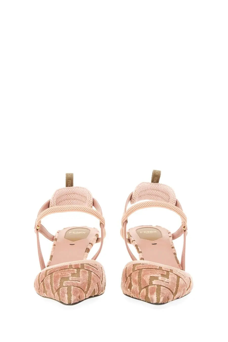 Pink fendi women’s slingback sandals with woven ff logo pattern and delicate straps in hummingbird lite blue