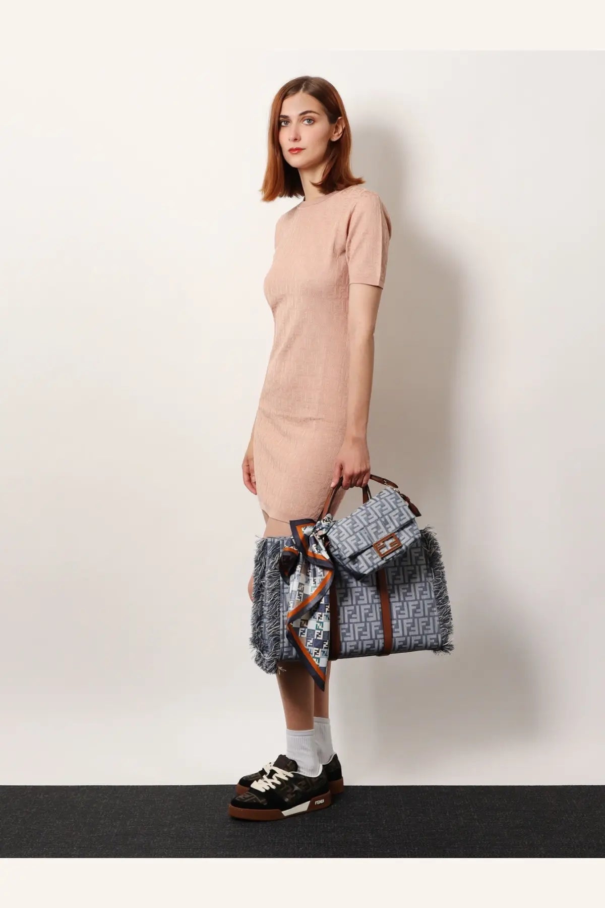 Fendi women’s summer tote ff jacquard fabric shoulder bag brown with gray black logo frayed edges brown handles orange scarf