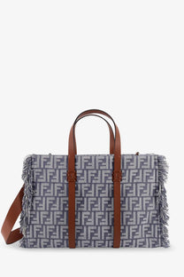 Fendi women’s summer tote bag with brown leather handles gray and white ff jacquard fabric and frayed edges
