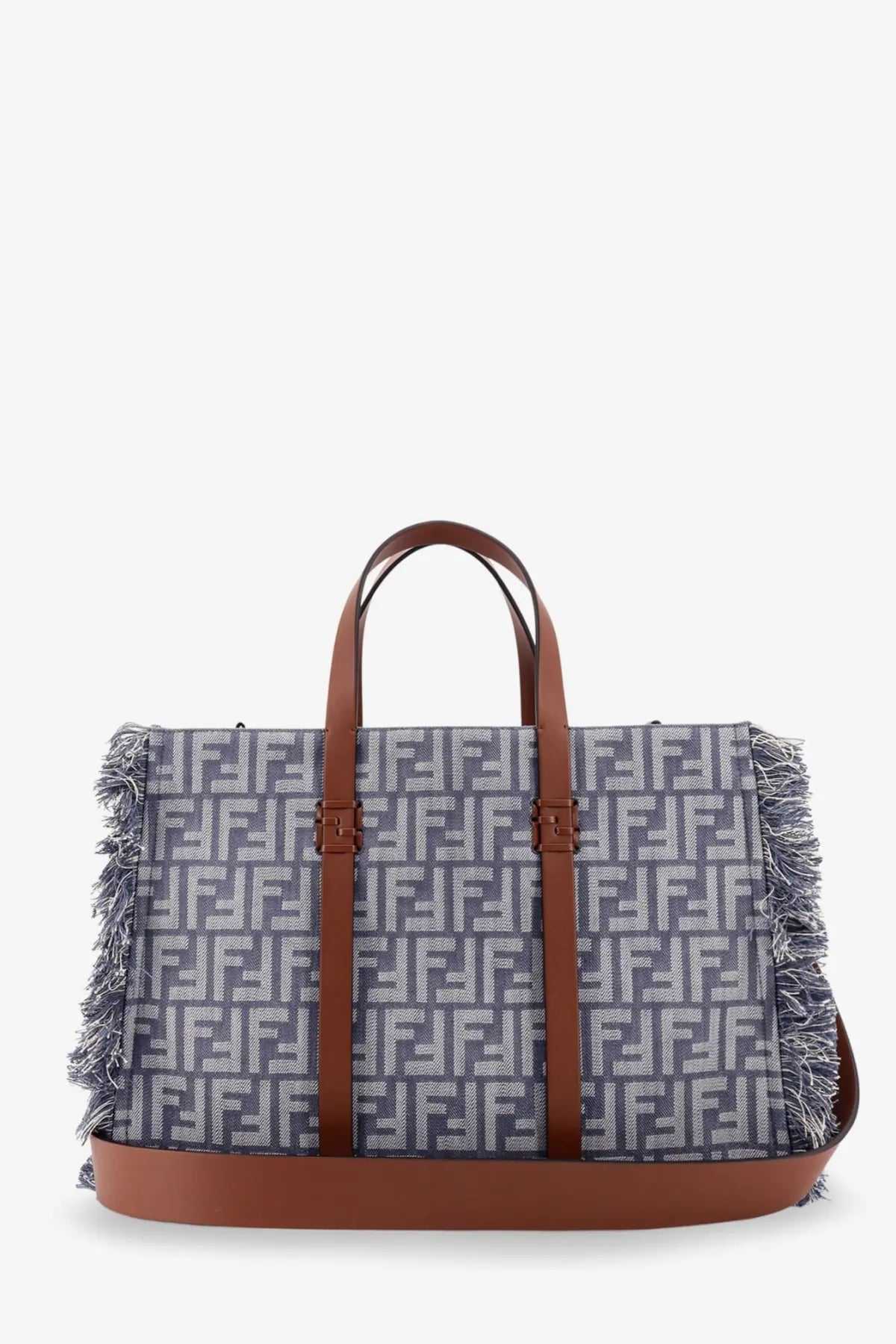 Fendi women’s summer tote with gray and white ff jacquard fabric, brown leather handles and base with frayed edges