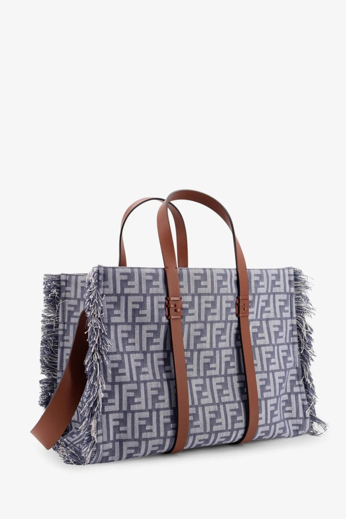 Gray and white Fendi women’s summer tote with brown leather handles frayed edges and FF jacquard fabric shoulder bag