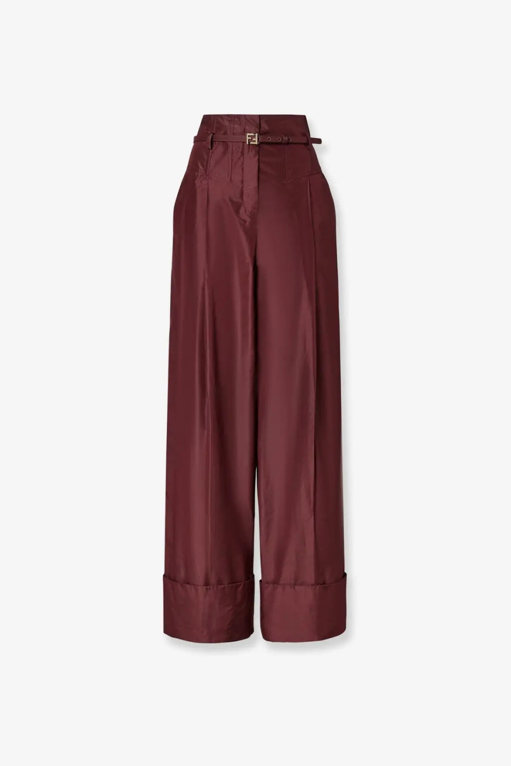 Fendi women’s purple taffeta trousers with wide legs and a matching belt with a gold-tone Fendi logo buckle
