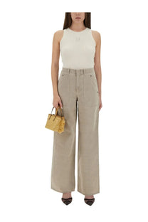 Beige wide-leg high waist trousers with front pockets complementing fendi women’s white tank top