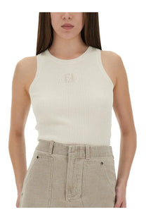 Fendi women’s white cream-colored ribbed knit sleeveless tank top with subtle logo embroidery on the chest