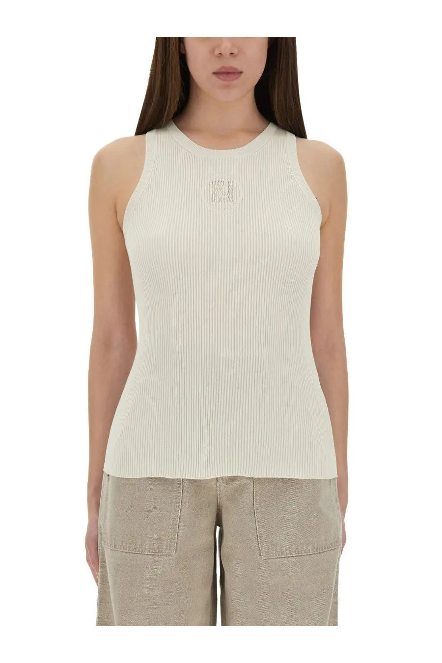 Fendi women’s cream-colored ribbed knit sleeveless tank top with subtle embroidered logo on the chest