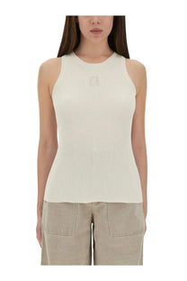 Fendi women’s cream-colored ribbed knit sleeveless tank top with subtle embroidered logo on the chest