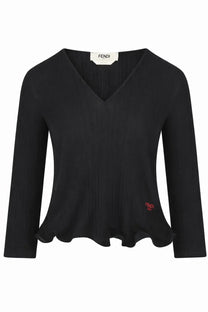 Fendi women’s black v-neck sweater with ribbed texture and flared hem in target tops collection