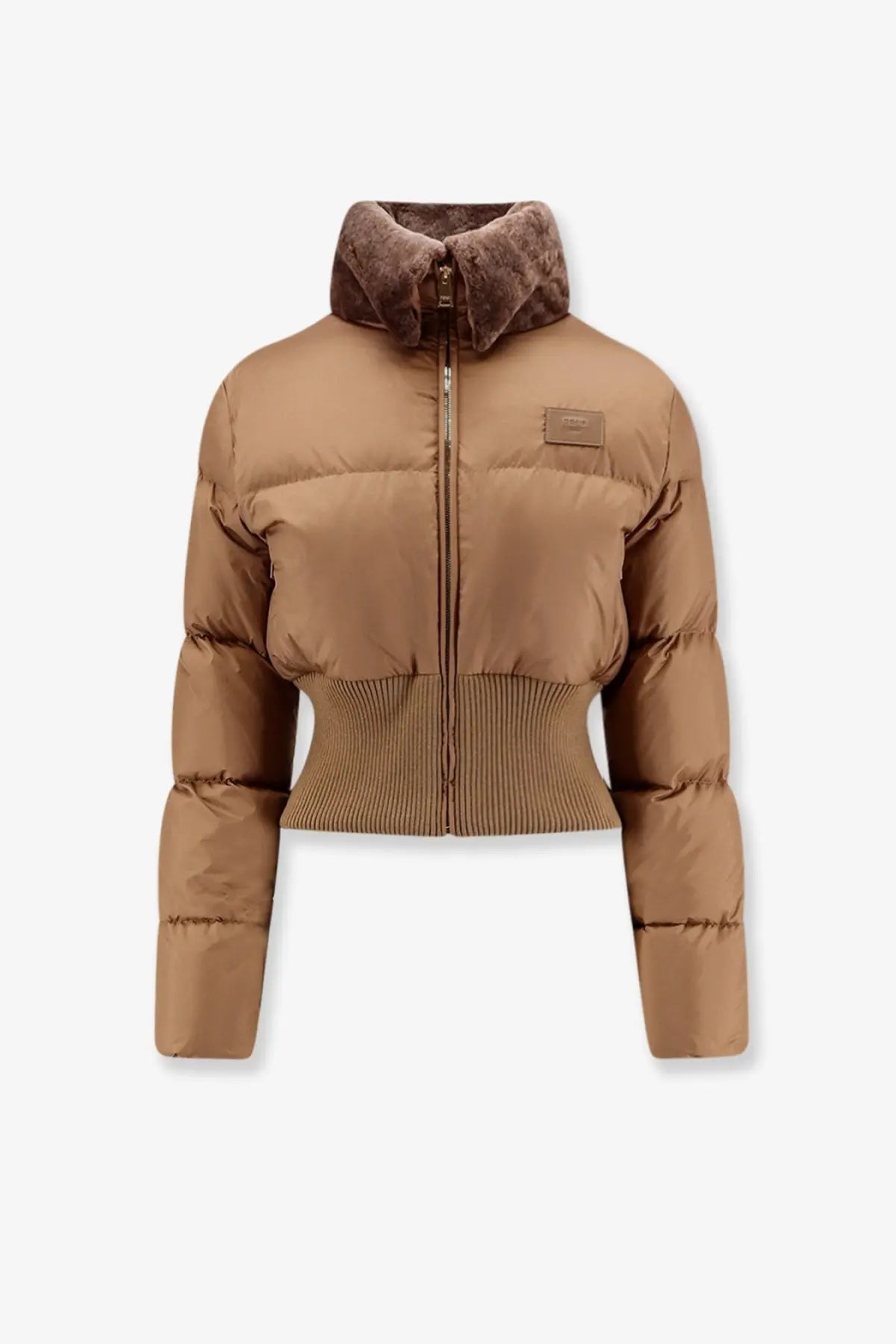 Fendi beige womens technical shearling down puffer jacket with tan fur hood
