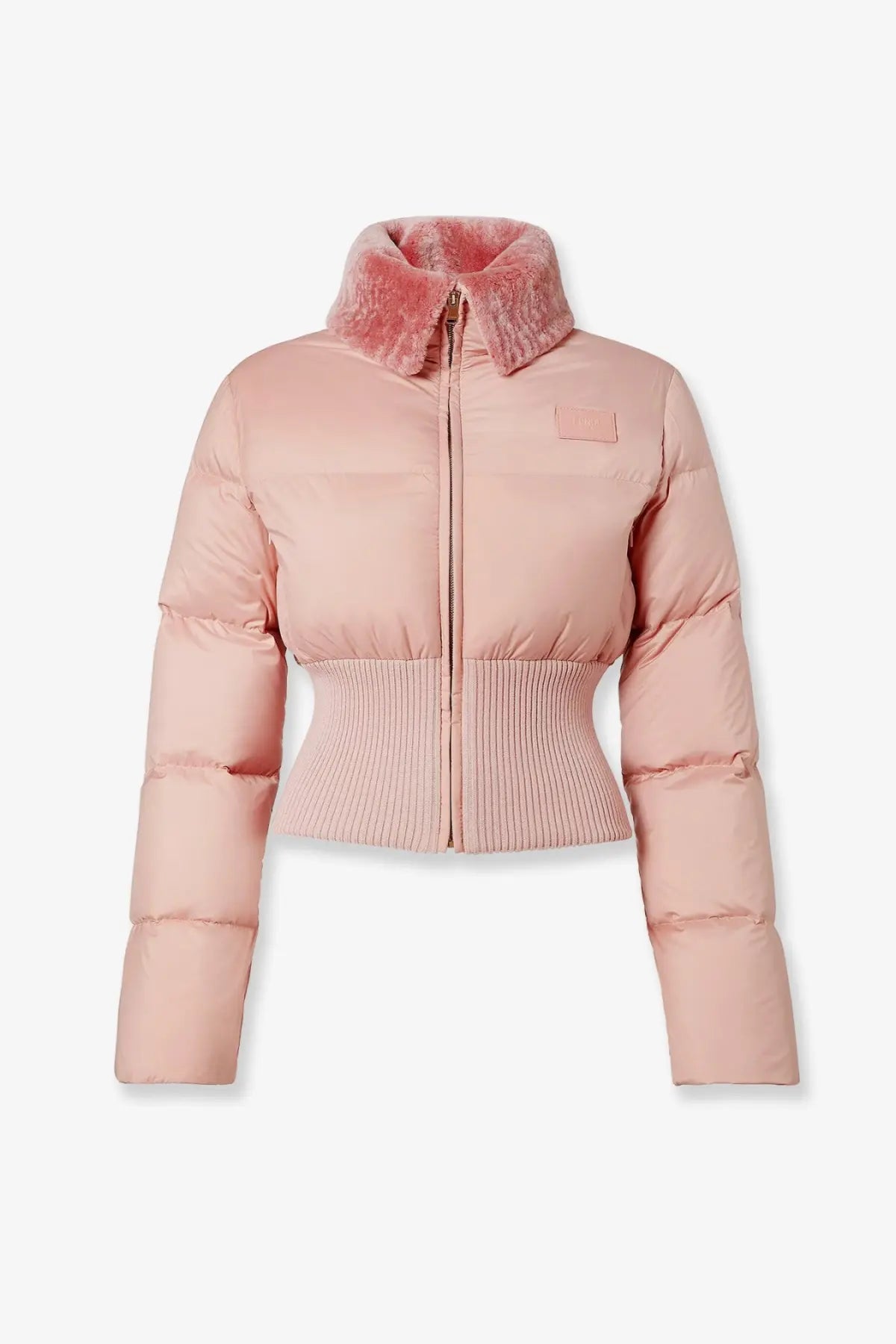 Fendi blush pink puffer jacket with faux fur collar and ribbed waistband