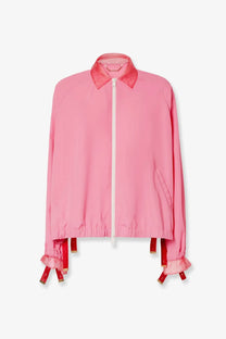 Fendi women’s technical viscose pink bomber jacket with red collar and matching drawstring ties at cuffs